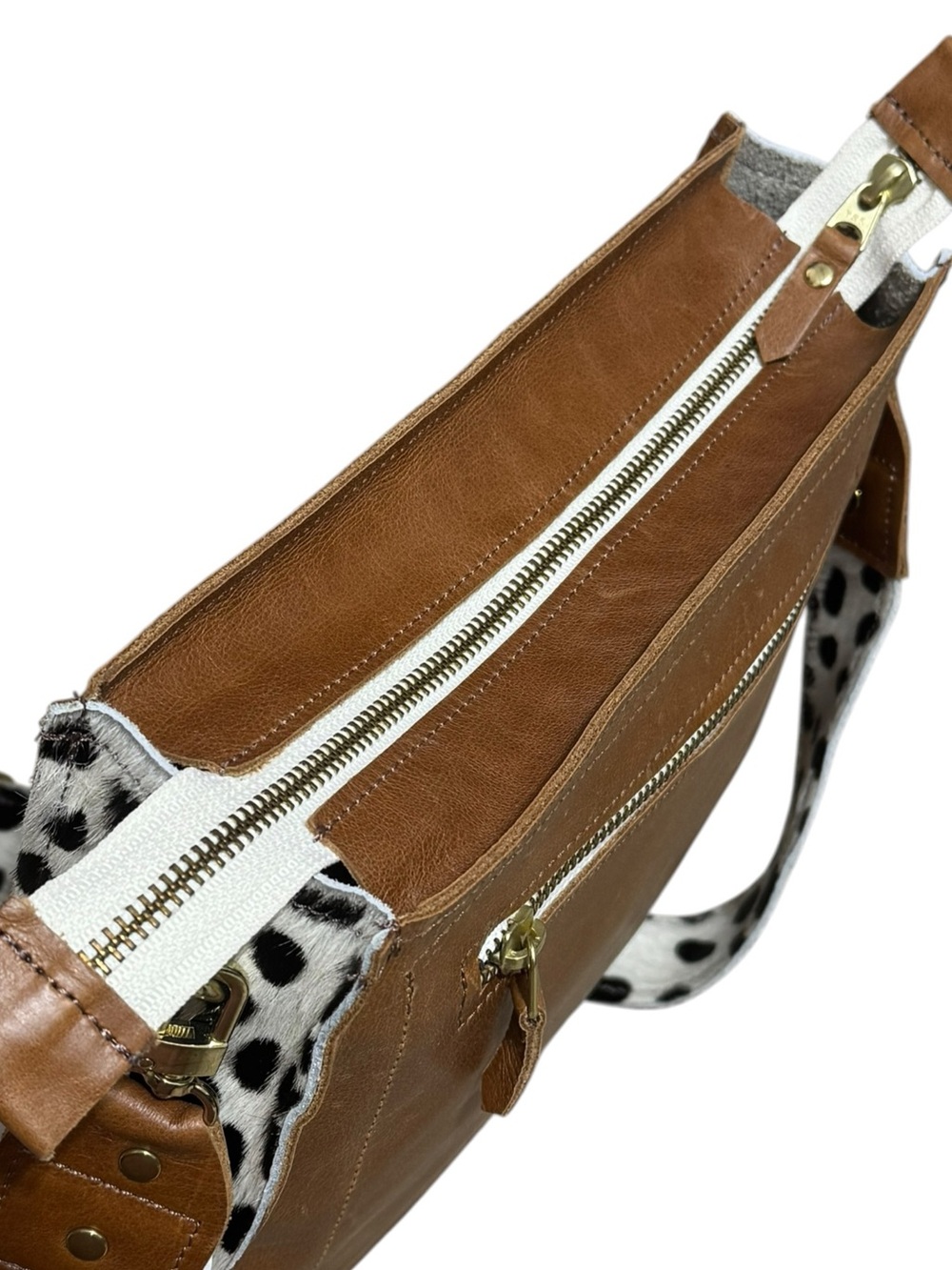 Handmade Genuine Leather Cow Hair Crossbody Bag Cognac $201 Retail NWT - Picture 6 of 16